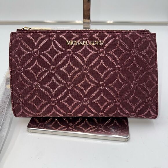 Michael Kors Jet Set Travel Large Double Zip Wristlet in Oxblood - Picture 1 of 8